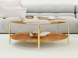 Luxurious Round Coffee Table with-Tinted Tempered Glass Top Walnut Wood Storage Shelf, Sturdy W1935P457159