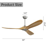ZNTS 60 Inch Outdoor Ceiling Fan Without Light 3 Solid Wood Blade with DC Motor Remote Control W934P156670