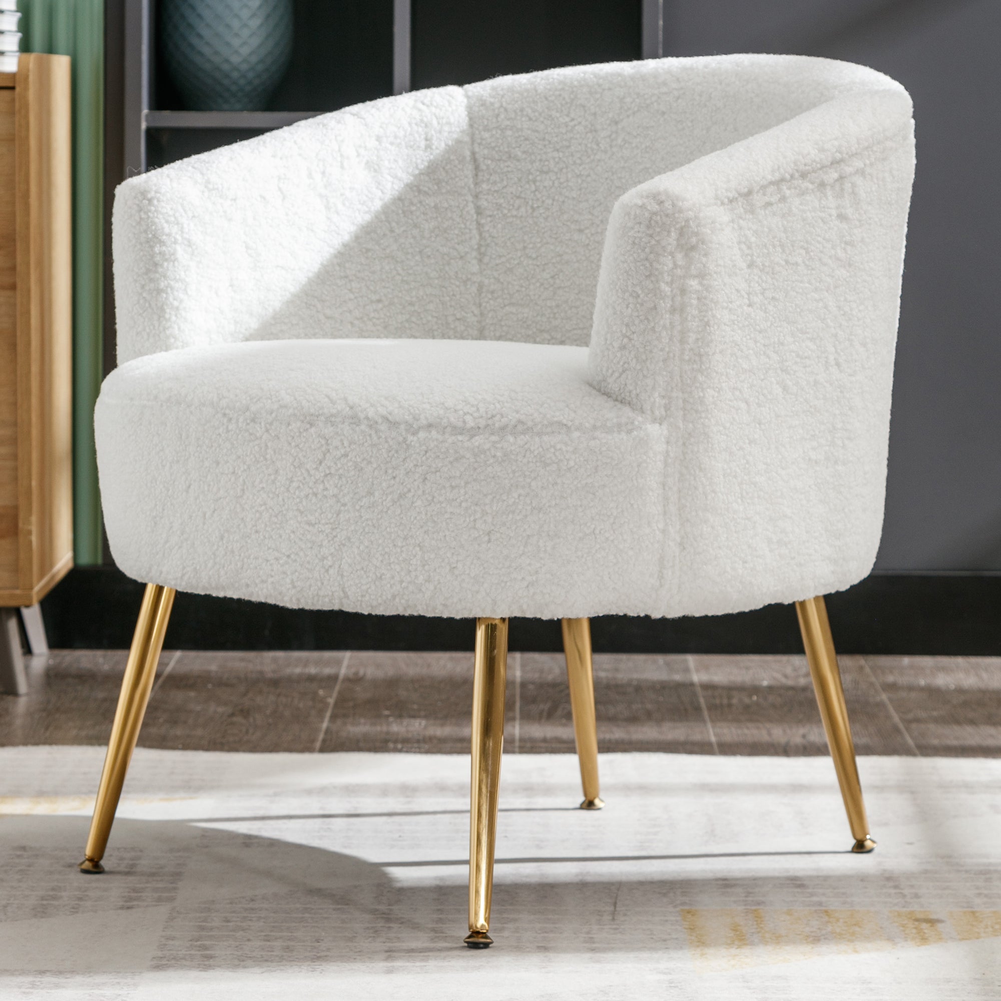 ZNTS Teddy Fabric Armchair Accent Tub Barrel Chair With Gold Metal Legs,White W52780896
