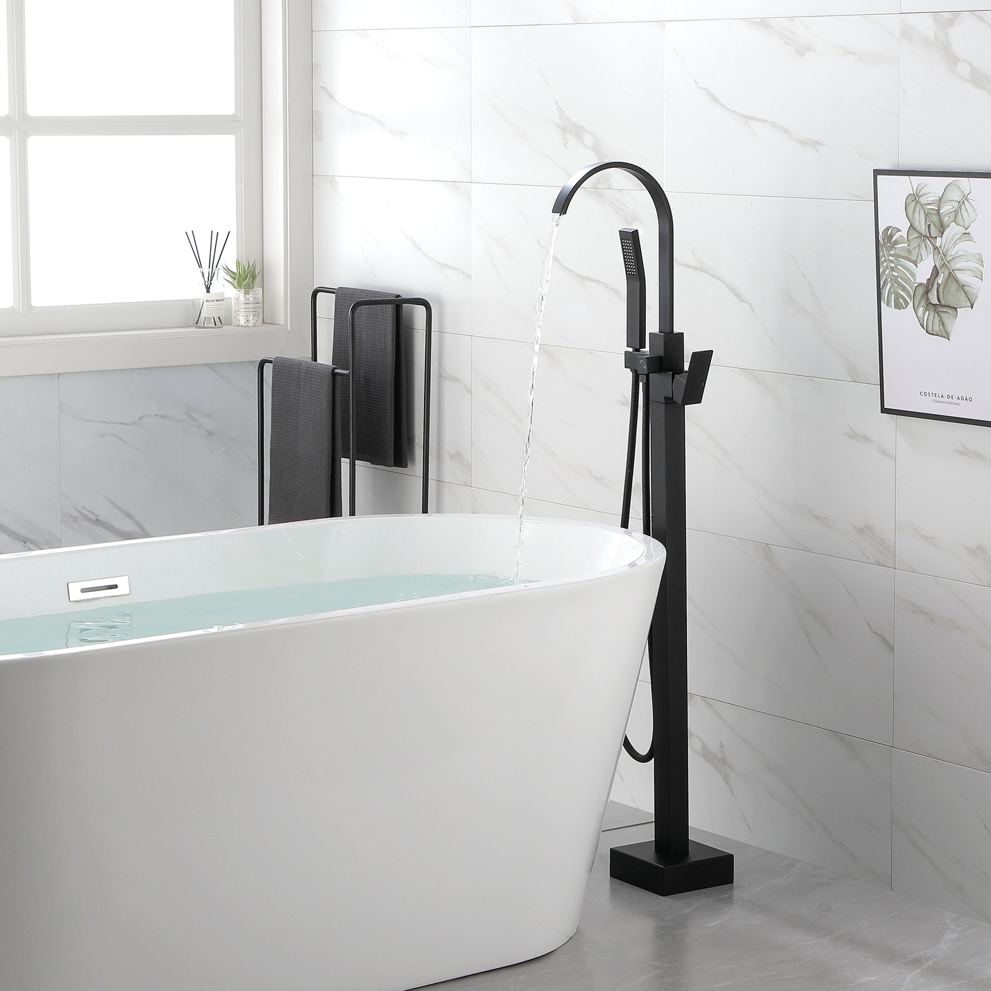ZNTS Single Handle Floor Mounted Clawfoot Tub Faucet with Hand shower NK0860