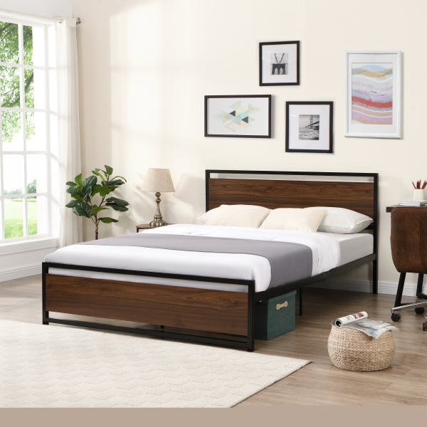 ZNTS Industrial Platform Queen Bed Frame/Mattress Foundation with Rustic Headboard and Footboard, Strong D22676090