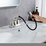 ZNTS 2 Handle Centerset Bathroom Sink Faucet 3 Hole with Pull Out Sprayer, 4 Inch Lavatory Faucet, Modern D5601BN