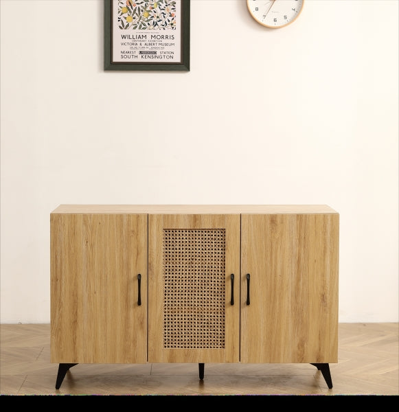 ZNTS Three-Door Cabinet with Natural Rattan Mesh - Large Storage Space, Kitchen Storage Cabinet .Stable W158183966