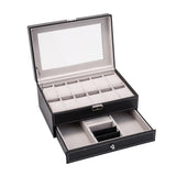 ZNTS 12 Slots Watch Box Mens Watch Organizer Lockable Jewelry Display Case with Real Glass Top Faux 89959070