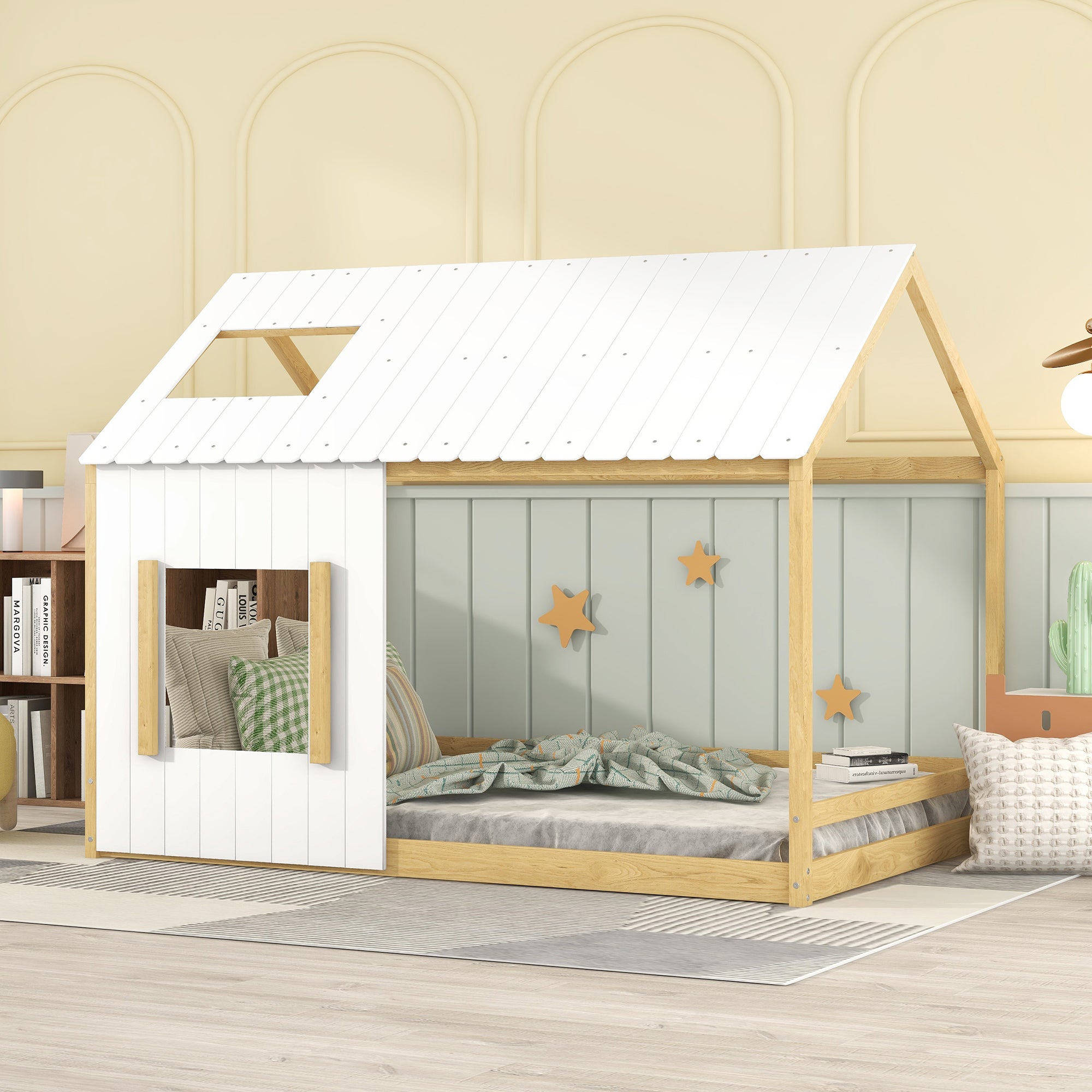 ZNTS Full Size House Bed with Roof and Window - White+Natural WF296898AAL