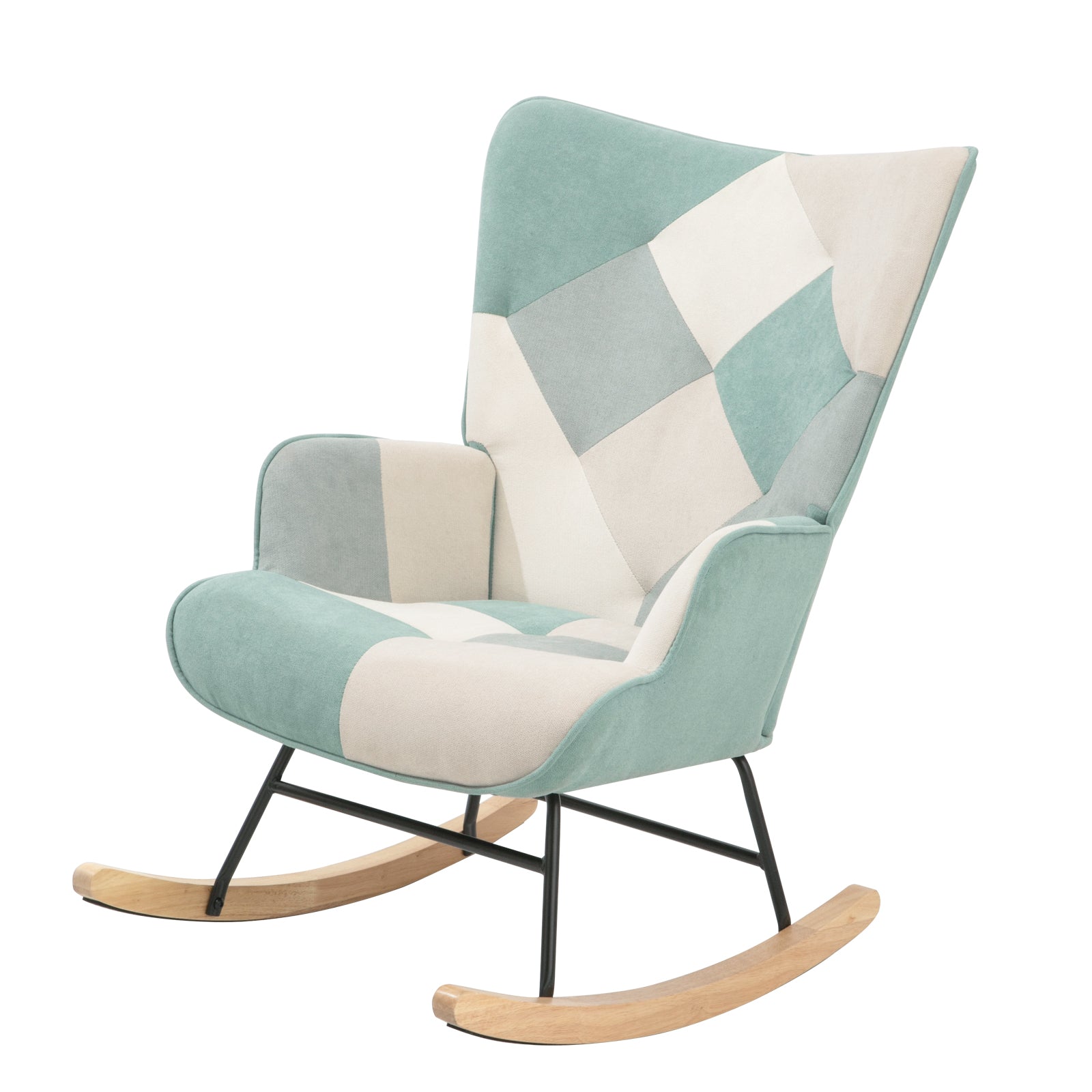 ZNTS Rocking Chair, Mid Century Fabric Rocker Chair with Wood Legs and Patchwork Linen for Livingroom W109543644