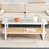 ZNTS Modern minimalist white double layered solid wood coffee table. Glass tabletop, imitation rattan W1151134809