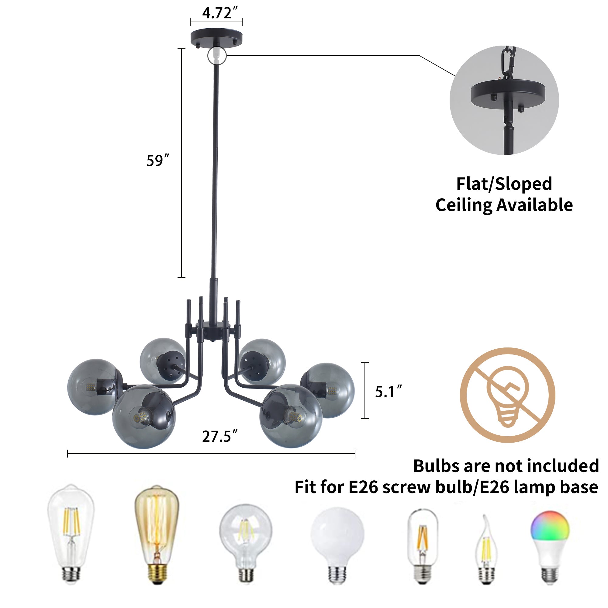 ZNTS Modern American style chandelier-black iron-glass lampshade -6 bulbs W116978777