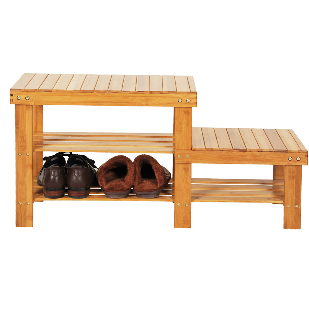 ZNTS 90cm Strip Pattern Tiers Bamboo Stool Shoe Rack for Kids Wood Color 47202083