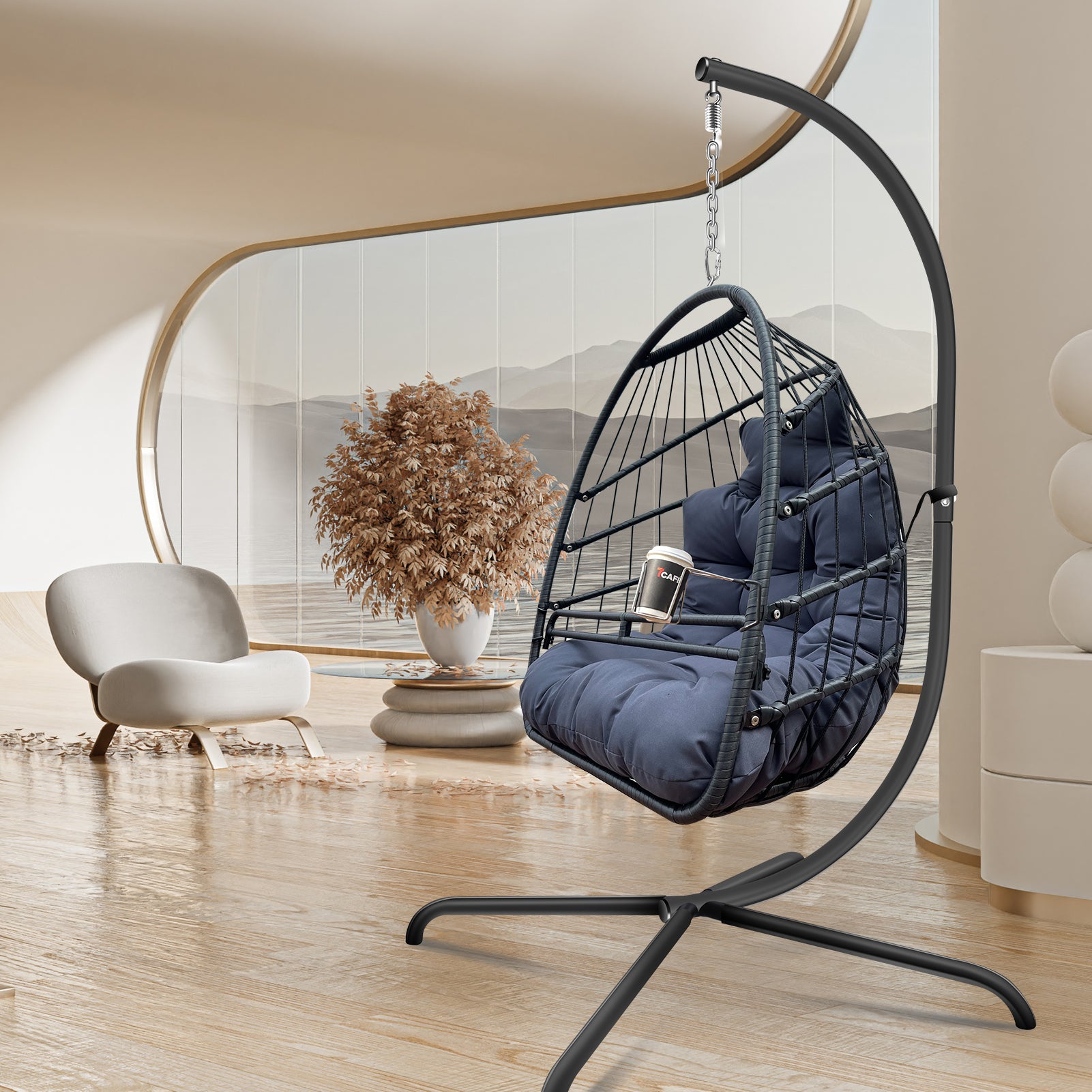 ZNTS Swing Egg Chair with Stand Indoor Outdoor Wicker Rattan Patio Basket Hanging Chair with C Type W1132103485