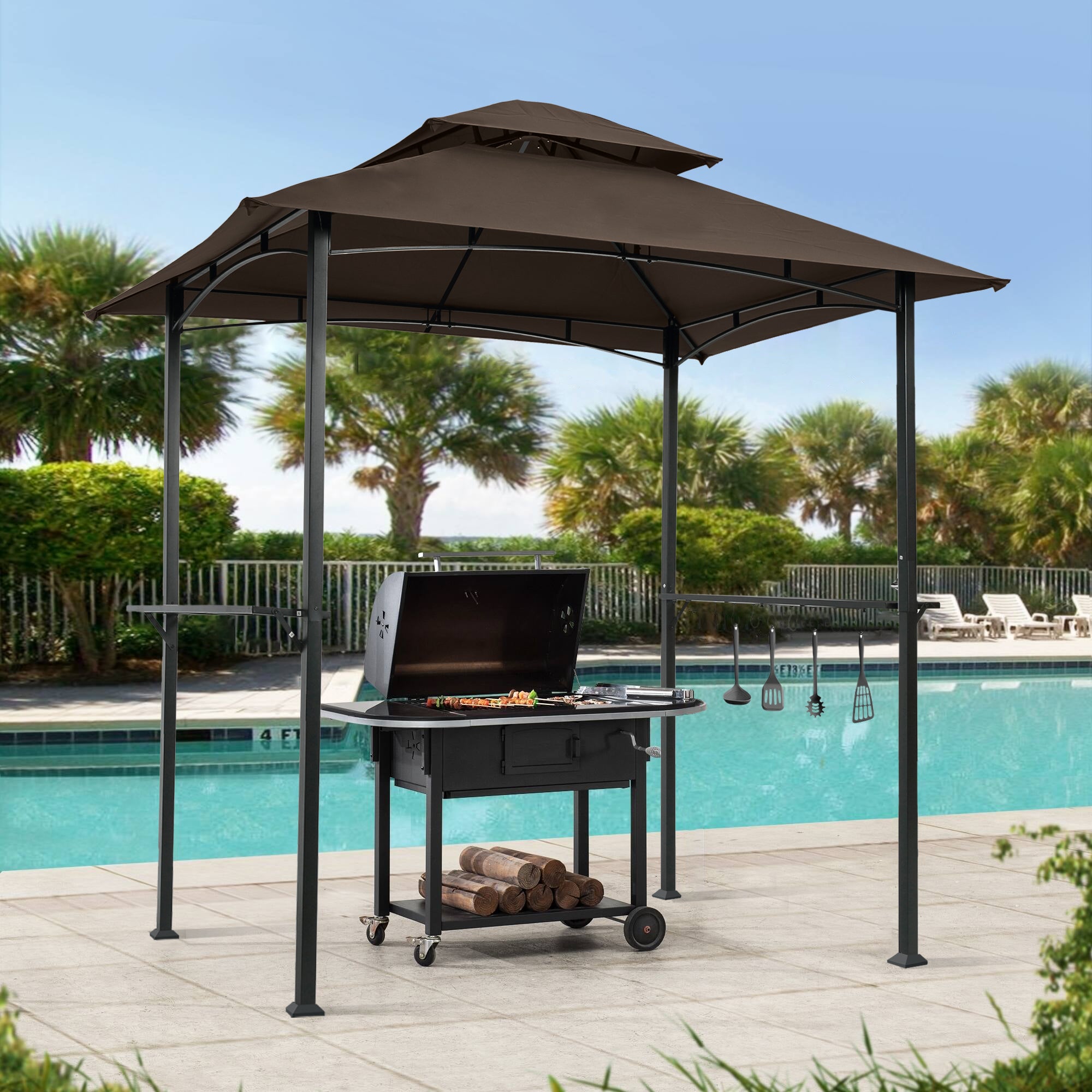 ZNTS Outdoor Grill Gazebo 8 x 5 Ft, Shelter Tent, Double Tier Soft Top Canopy Steel Frame with hook 87754137