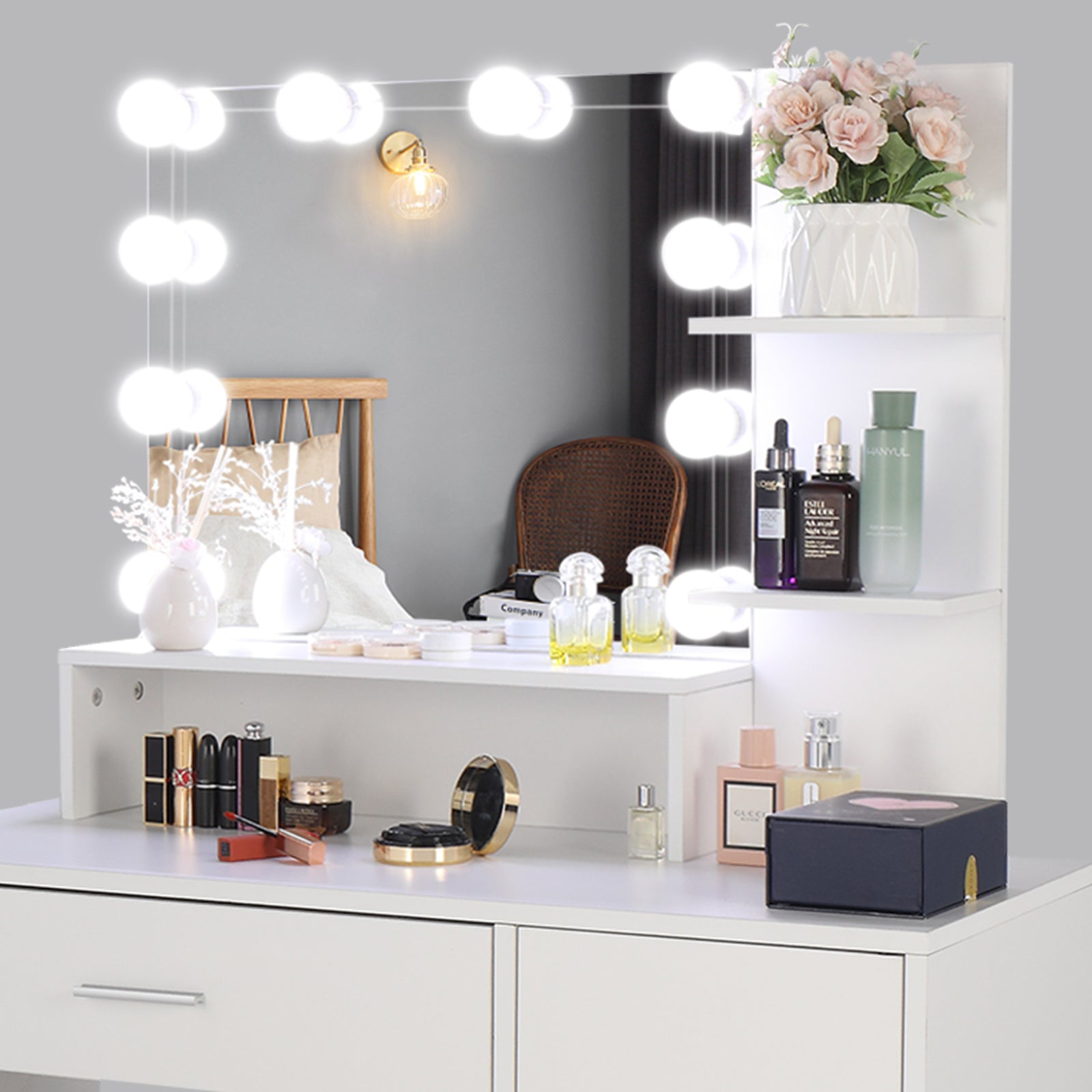 ZNTS Large Vanity Set with 10 LED Bulbs, Makeup Table with Cushioned Stool, 3 Storage Shelves 1 Drawer 1 73717191