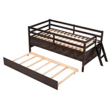 ZNTS Low Loft Bed Twin Size with Full Safety Fence, Climbing ladder, Storage Drawers and Trundle Espresso WF296596AAP