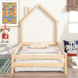 ZNTS Twin Size Wood bed with House-shaped Headboard Floor bed with Fences,Natural W504130507