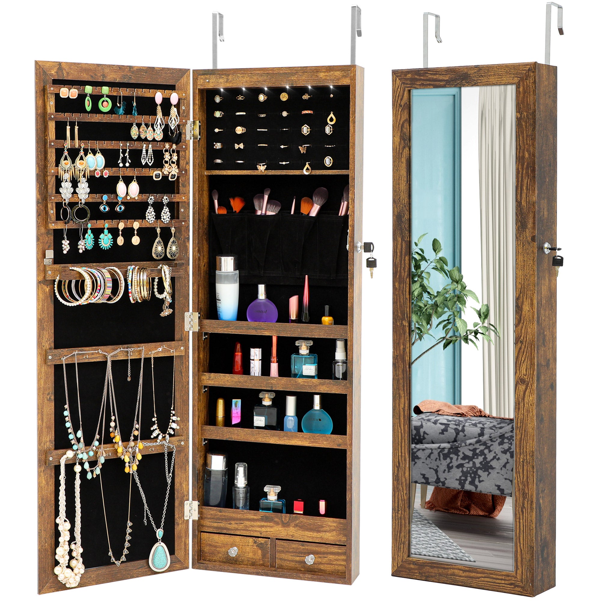 ZNTS Fashion Simple Jewelry Storage Mirror Cabinet With LED Lights Can Be Hung On The Door Or Wall W40719608