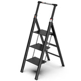 ZNTS 3 Step Ladder, Retractable Handgrip Folding Step Stool with Anti-Slip Wide Pedal, Aluminum Stool W134355905