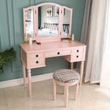 ZNTS Dresser Three-Fold Square Mirror Drawers Roman Column Table/Stool Fluorescent Pink 89448772