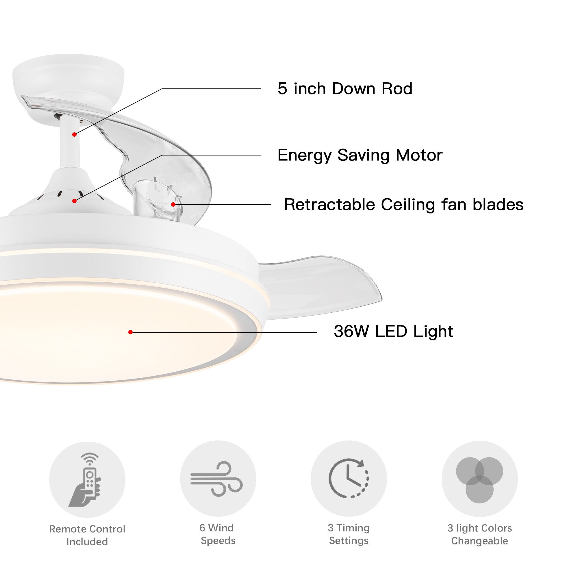 ZNTS 42 in. White Frame Retractable Ceiling Fan with Remote Control W136780793