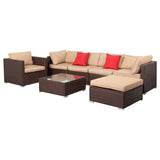 ZNTS 7 Pieces Wood Grain Patio PE Wicker Rattan Corner Sofa Set 38435070