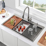ZNTS Workstation 33-inch Drop-In 16 Gauge Kitchen Sink R10 Radius Stainless Steel Kitchen Sink Single JYSB322BN