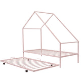 ZNTS Metal House Bed With Trundle, Twin Size House Bed Pink MF295082AAH