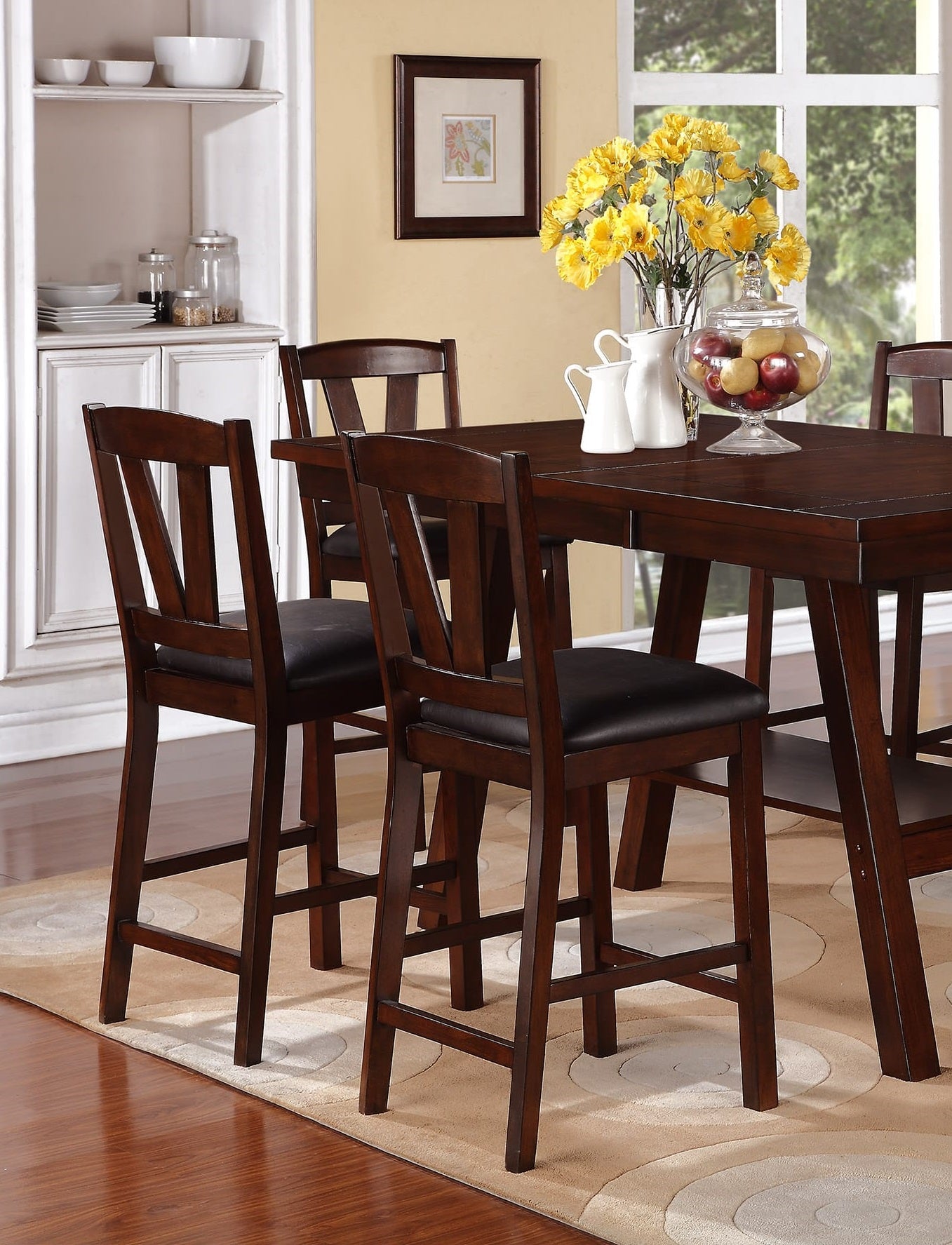ZNTS Dark Walnut Wood Framed Back Set of 2 Counter Height Dining Chairs Breakfast Kitchen Cushion Seats B01158666