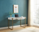 ZNTS Computer Desk Writing Desk with One Drawer Metal Legs and USB Outlet Port – White & Gold B107P147849