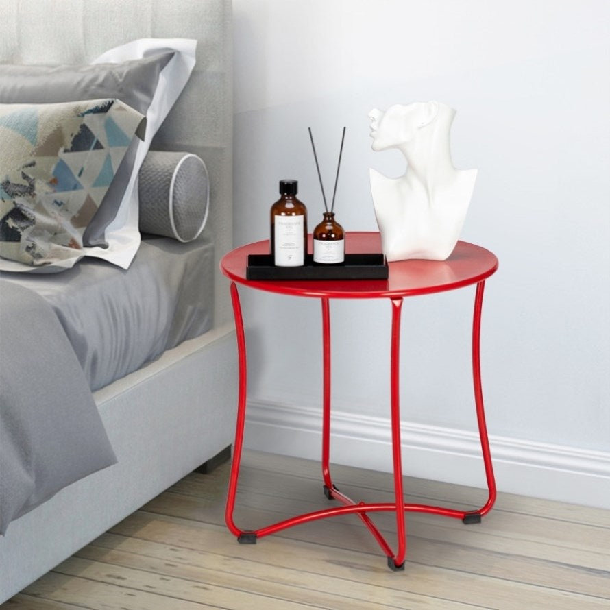 ZNTS 18" Metal Countertop Small Round Table Terrace Wrought Iron Side Table Red 23010327