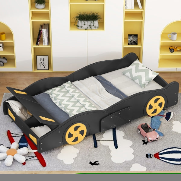 ZNTS Twin Size Race Car-Shaped Platform Bed with Wheels and Storage, Black+Yellow WF305759AAB