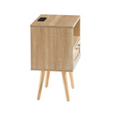 ZNTS 15.75" Rattan End table with Power Outlet & USB Ports , Modern nightstand with drawer and solid wood W126573116