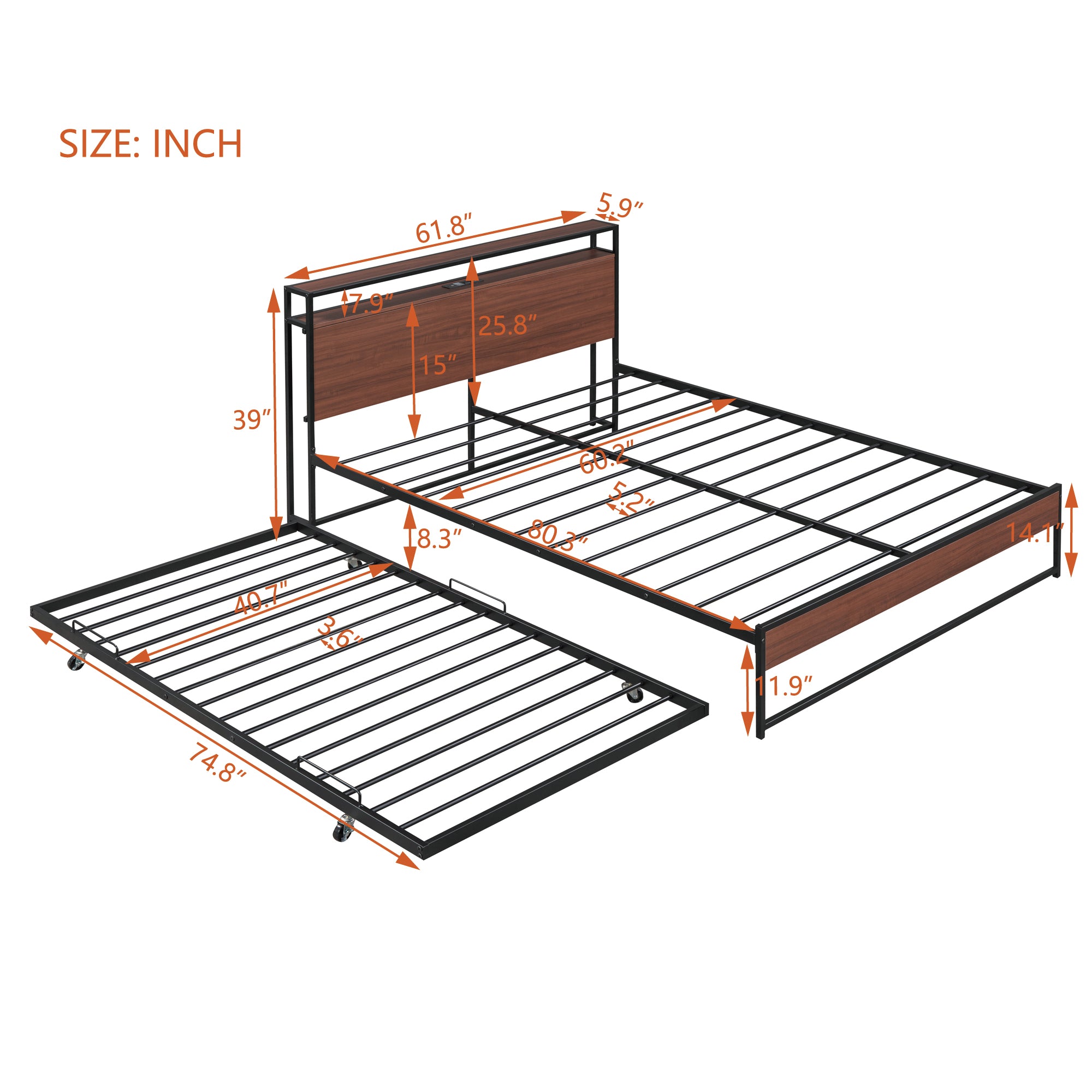 ZNTS Queen Size Metal Platform Bed Frame with Trundle, USB Ports and Slat Support ,No Box Spring Needed MF299542AAB