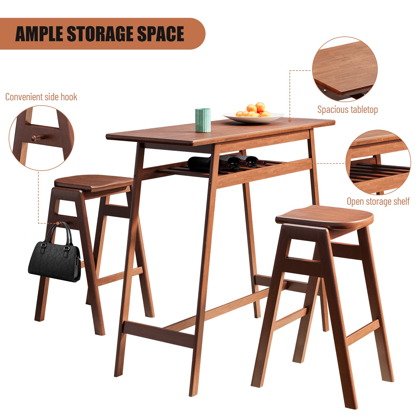 ZNTS 3 PCS Pub Dining Set Retro Bar Table Rubber Wood Stackable Backless High Stool for 2 with Shelf and W69165658
