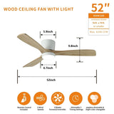 ZNTS 52 inch White Wood Ceiling Fans Lights and Remote, Modern Flush Mount Low Profile Ceiling Fan W2352P154690