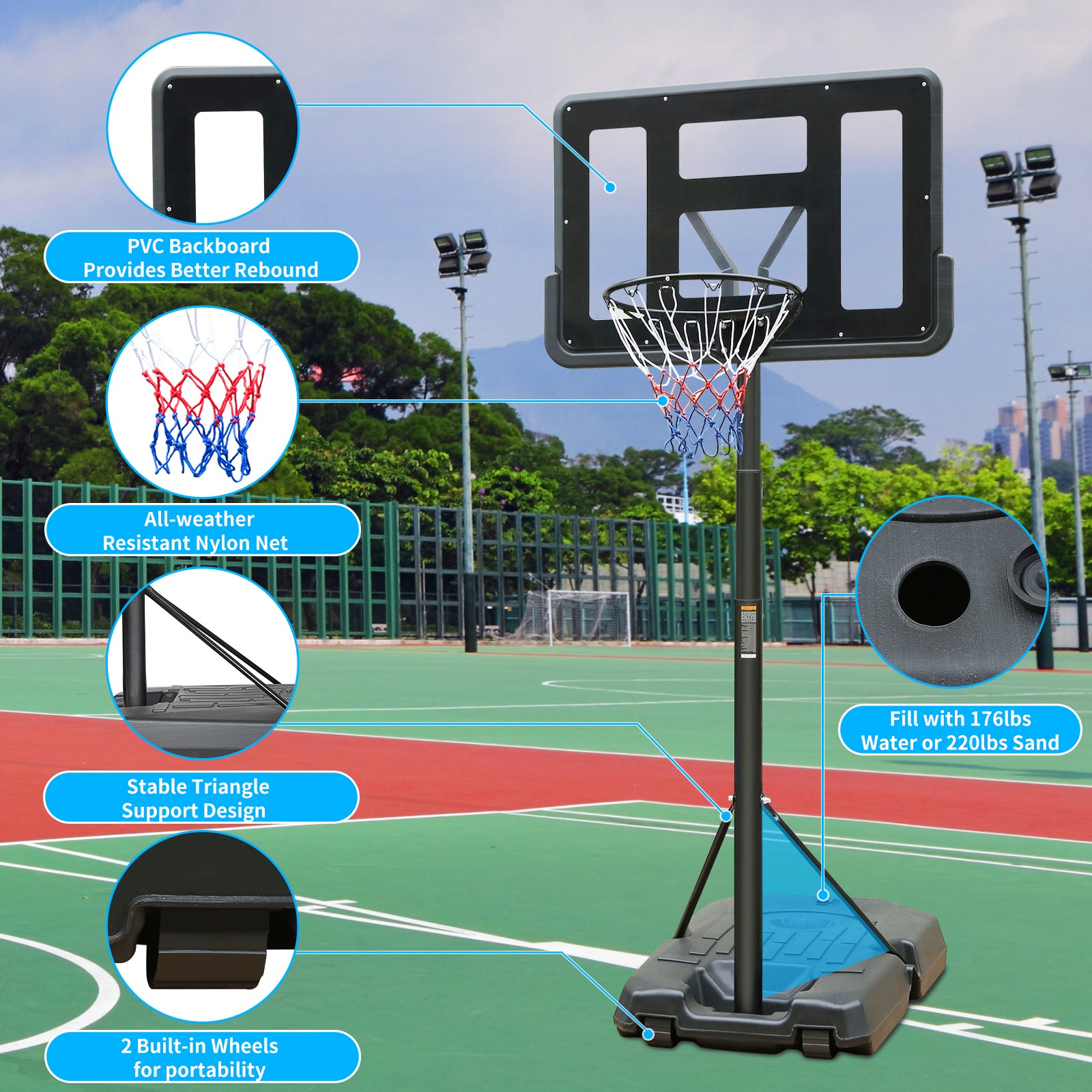 ZNTS Portable Basketball Hoop Height Adjustable basketball hoop stand 6.6ft - 10ft with 44 Inch Backboard W1408110369