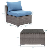 ZNTS 2 Pieces Patio Armless Blue Brown Single Rattan Wicker Sofa Couches Furniture With End Side Table W1828140351