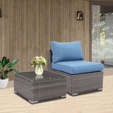 ZNTS 2 Pieces Patio Armless Blue Brown Single Rattan Wicker Sofa Couches Furniture With End Side Table W1828140351