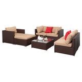 ZNTS 7 Pieces Wood Grain Patio PE Wicker Rattan Corner Sofa Set 38435070