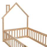 ZNTS Twin House-Shaped Headboard Floor Bed with Fence
,Natural W504119478