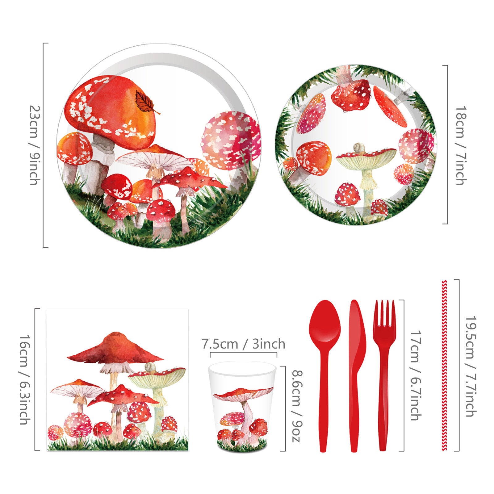ZNTS Red Watercolor Mushroom Paper Plates Party Supplie Plates and Napkins Birthday Disposable Tableware 35401575