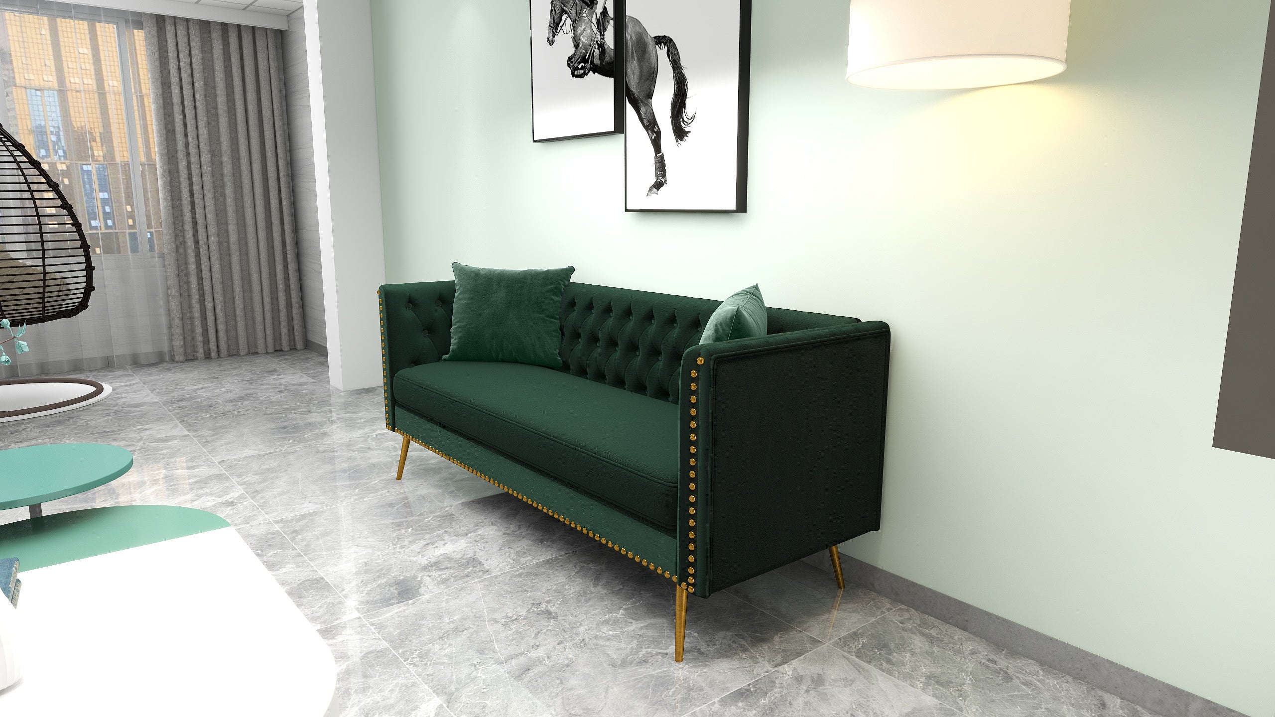 ZNTS Modern Flat Armrest Living Room Sofa Green Three Seat Sofa With Two Throw Pillows W156181112