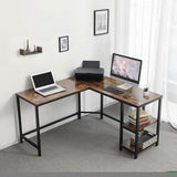 ZNTS L Shape Wood and Metal Frame Computer Desk with 2 Shelves, Brown and Black B05671840
