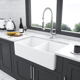 ZNTS White Farmhouse Sink - 32 inches Ceramic Double Bowl Farm Apron Front Kitchen Sink W124352765