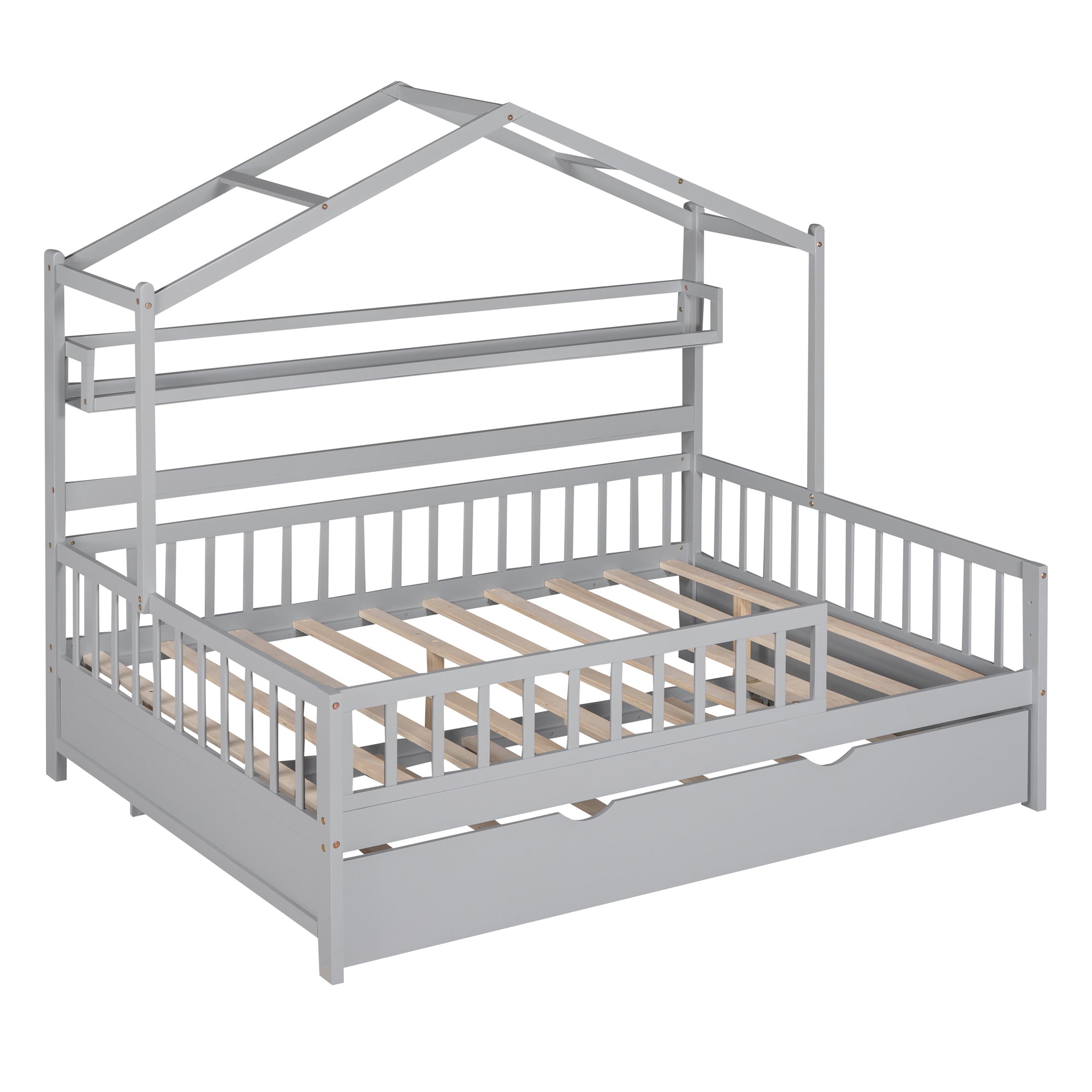 ZNTS Wooden Full Size House Bed with Twin Size Trundle,Kids Bed with Shelf, Gray WF301683AAE