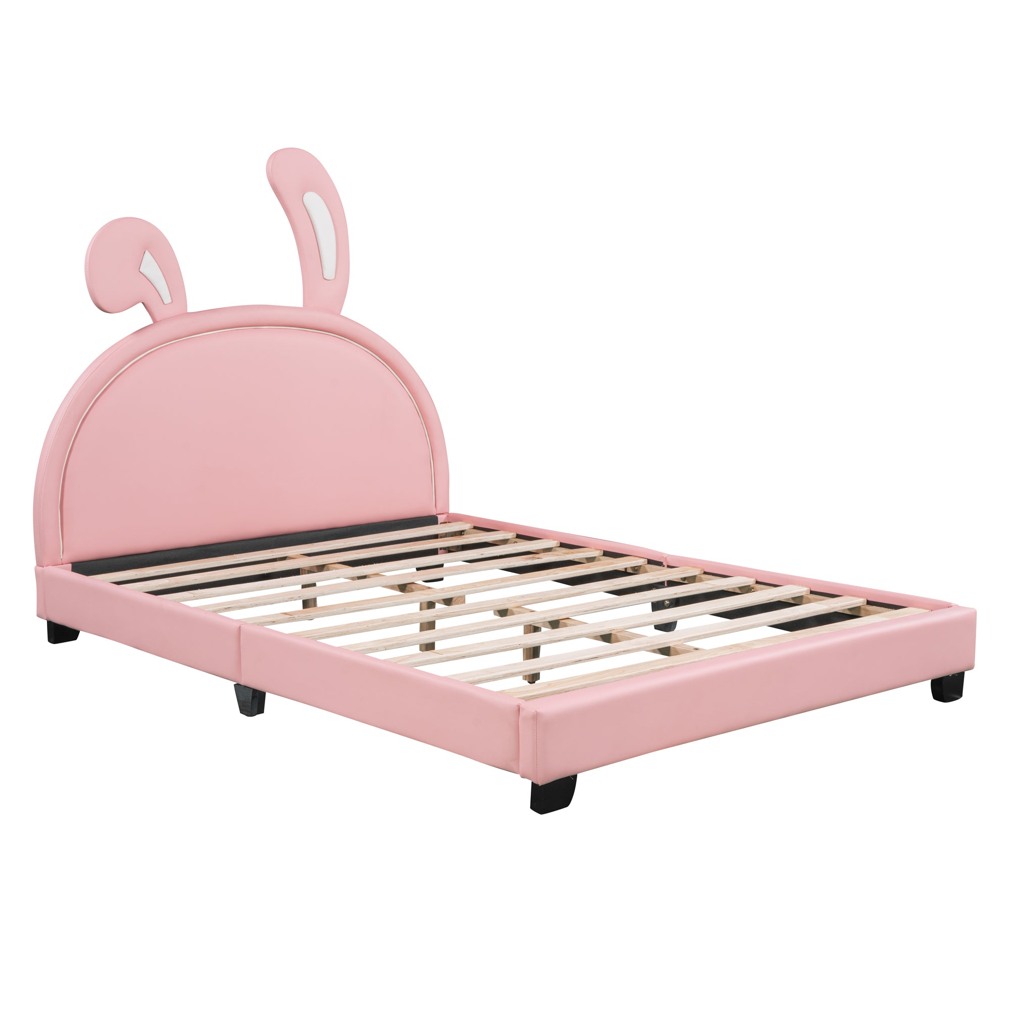 ZNTS Full Size Upholstered Leather Platform Bed with Rabbit Ornament, Pink WF299139AAH