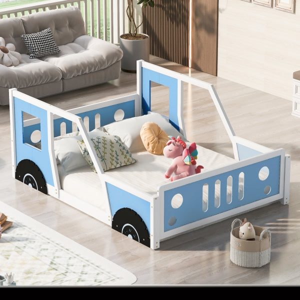 ZNTS Full Size Classic Car-Shaped Platform Bed with Wheels,Blue WF306743AAC