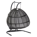 ZNTS Charcoal Wicker Hanging Double-Seat Swing Chair with Stand w/Dust Blue Cushion MWTF-9716KD3
