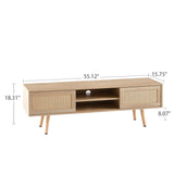 ZNTS 55.12" Rattan TV cabinet, double sliding doors for storage, adjustable shelf, solid wood legs, TV W126573117