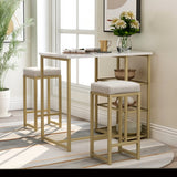 ZNTS TREXM 3-piece Modern Pub Set with Faux Marble Countertop and Bar Stools, White/Gold WF194723AAK