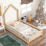 ZNTS Twin Size Wood bed with House-shaped Headboard Floor bed with Fences,Natural W504130507