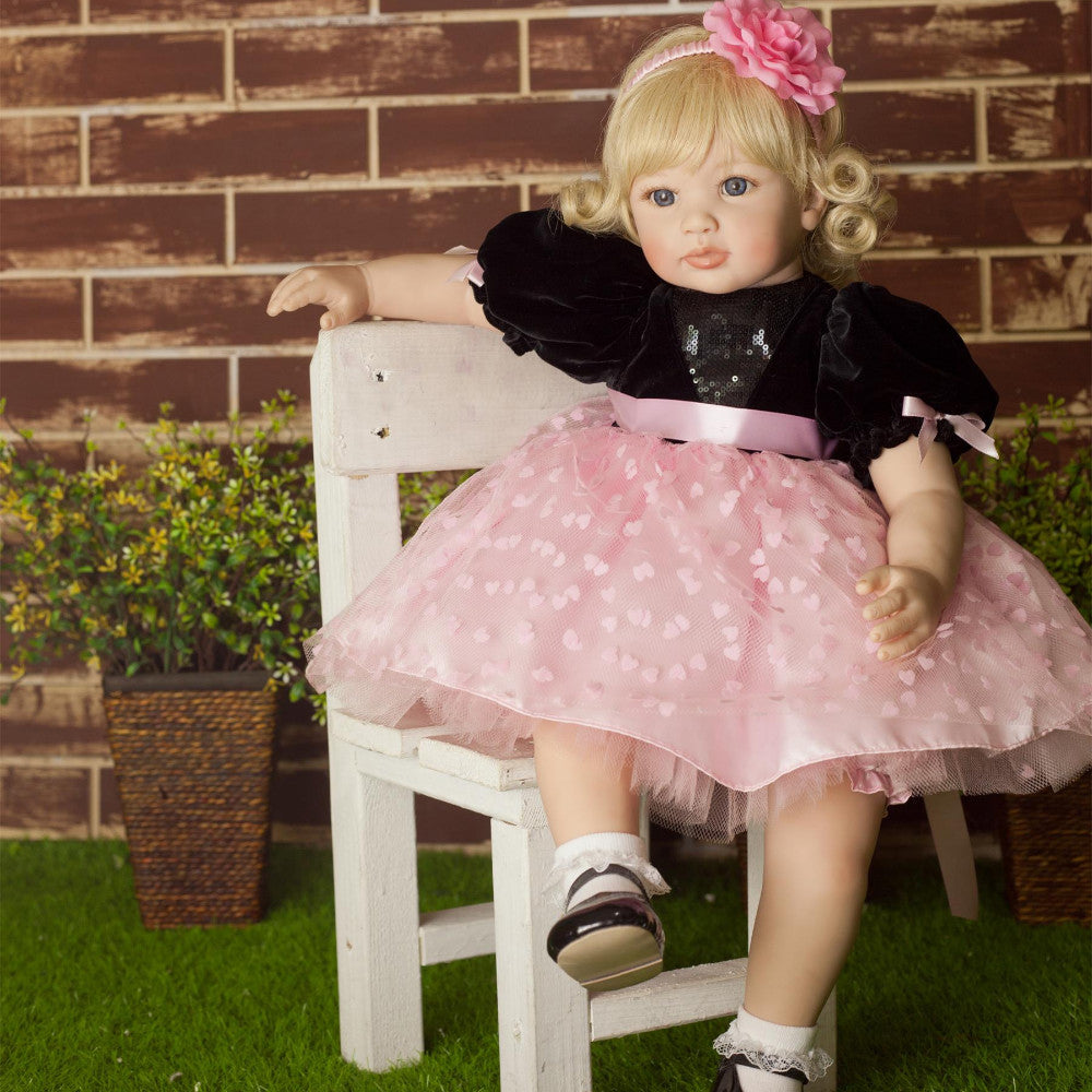 ZNTS 24" Beautiful Simulation Baby Golden Curly Girl Wearing Black Powder Skirt Doll 86199304